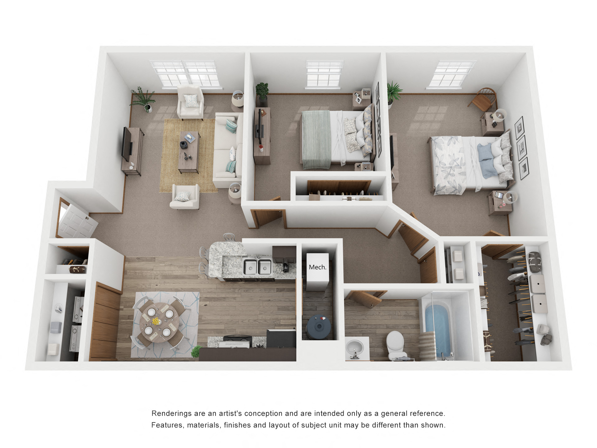 Floor plan for 2 beds, 1 bath, 844 sqft